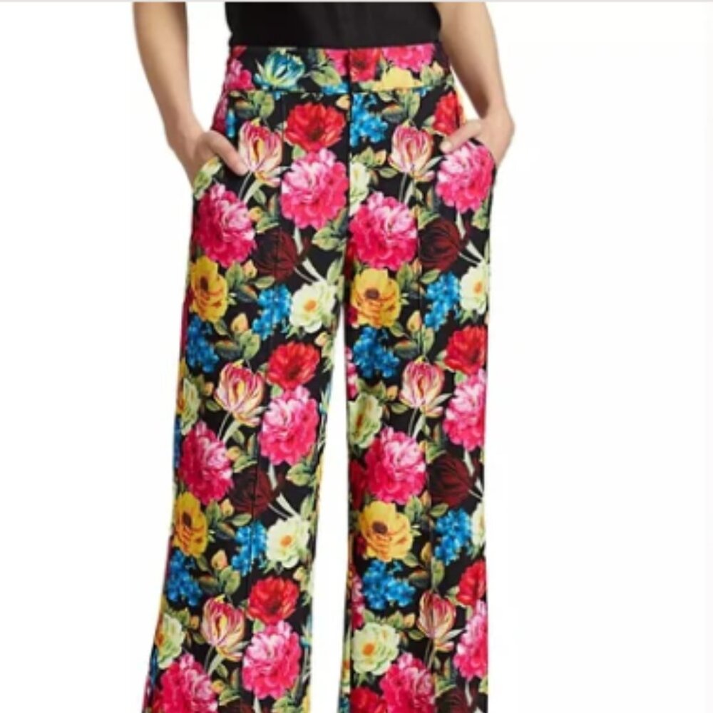 ALICE + OLIVIA Dylan Floral  High Waist Wide Leg Satin Pants Just Bloom NWT &